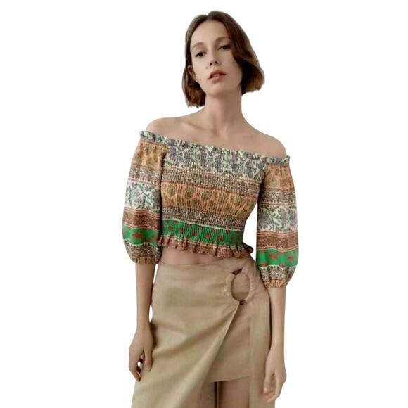 Zara Linen Blend Bishop Sleeve Smocked Off Shoulder RuffleCrop Top Size Large - Picture 1 of 9